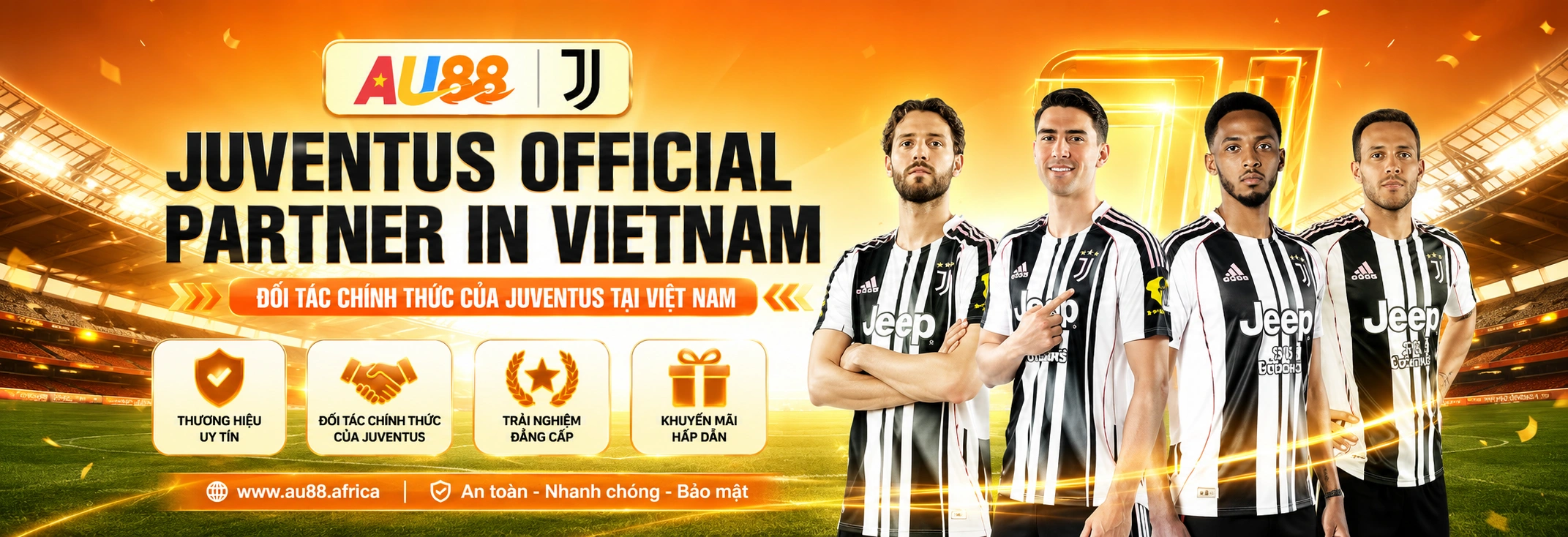 Banner trang chủ AU88 chính thức với bốn cầu thủ Juventus trên sân vận động
